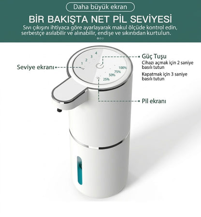 Akıllı Sensörlü Köpük Sabunluk – 4 Kademeli Dozaj Ayarlı & Temassız Hijyen